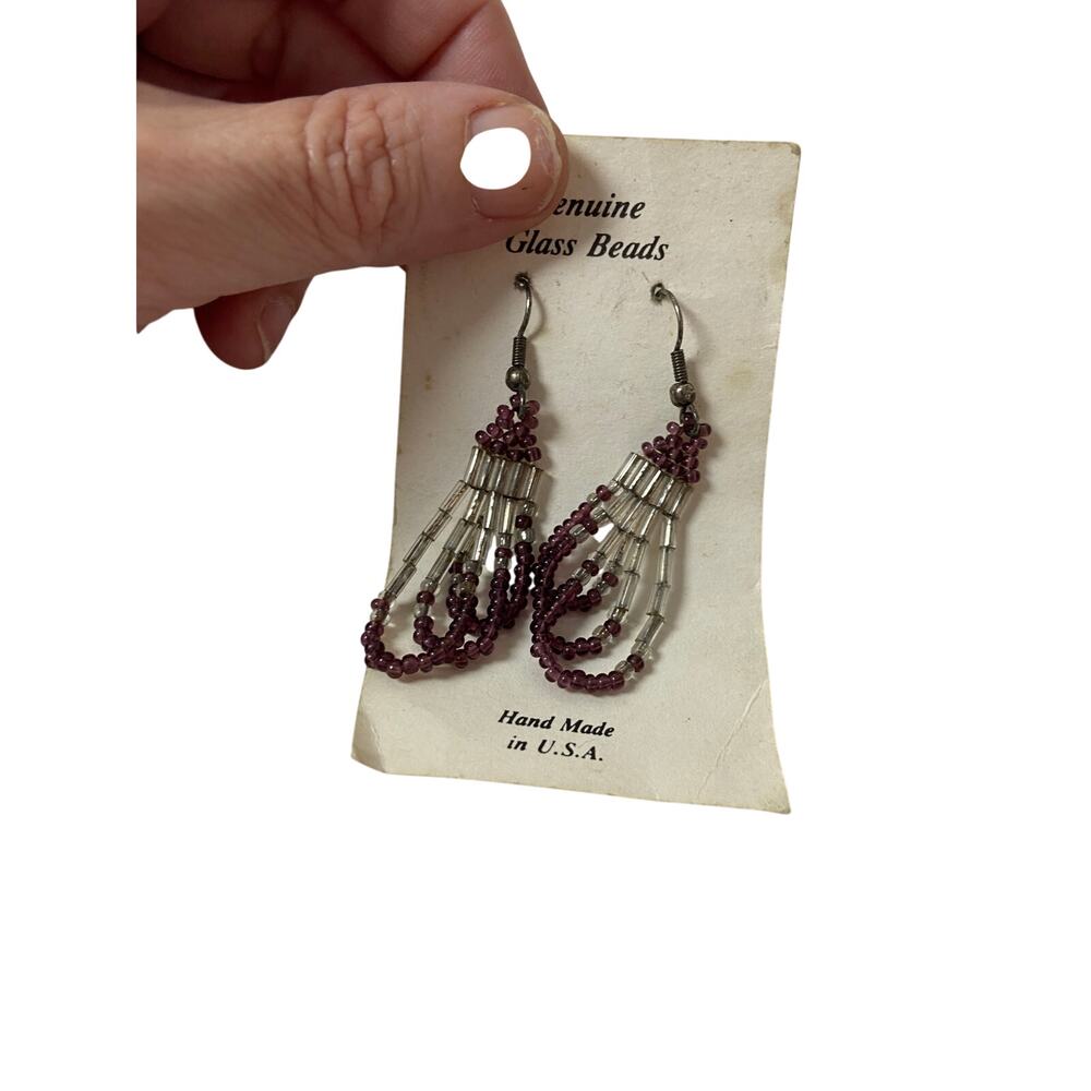 Vintage Purple Glass Beaded Drop Earrings, Never Worn